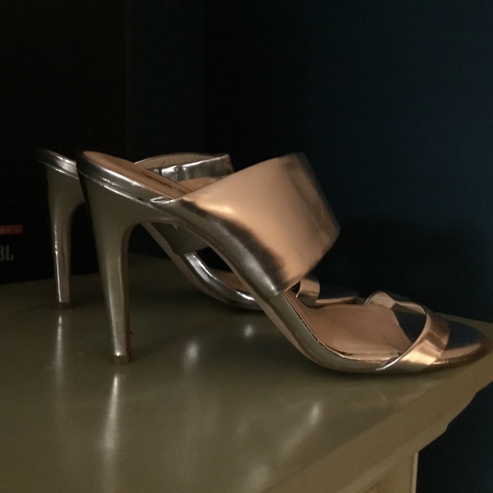 INC Silver open toe slip on heels
